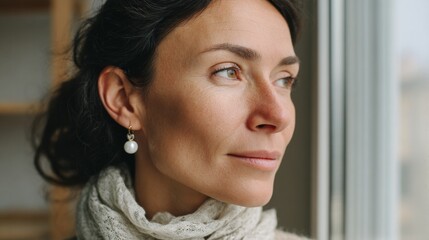 Woman looking out window.