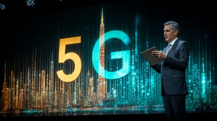 Businessman holding a digital tablet with a glowing world map display