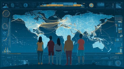 Global business network on a digital world map with binary code