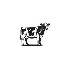 Cow vector illustration. Black and white dairy farm animal silhouette. Beef or milk cattle logo icon isolated on white background. Livestock branding symbol.