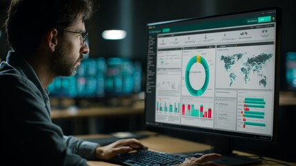 Young businessman working on a computer in a digital office environment