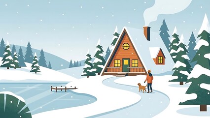 Fototapeta premium Cozy Aframe cabin in snowy winter wonderland with person walking dog near frozen lake