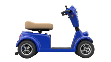 Isolated mobility scooter on display for sale with a blue frame and a tan colored seat