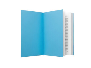 Isolated book with blank blue pages, open on a table, empty text area for writing or art