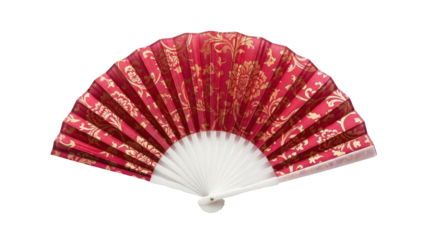 Isolated ornate red and gold silk hand fan for fashion accessory or oriental decor prop