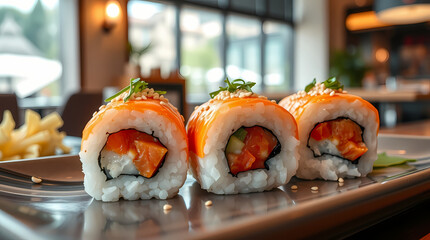 On the restaurant counter are delicious sushi rolls with salmon.