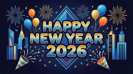 Obraz premium Happy New Year 2026 festive urban city celebration with fireworks balloons and confetti event greeting card design