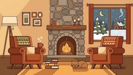 Cozy winter evening scene with warm fireplace and comfortable armchairs inside a rustic home interior