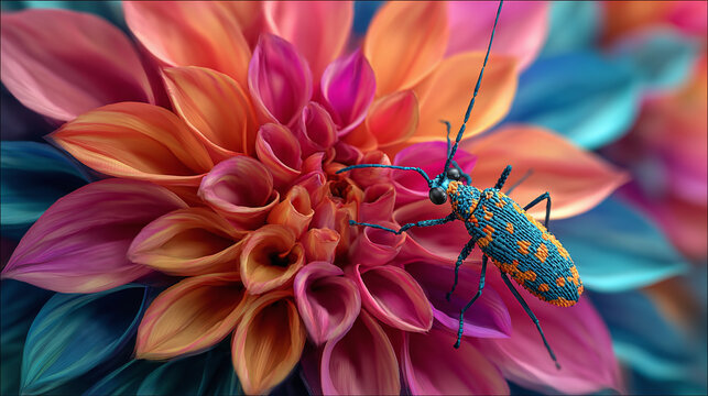 A vibrant macro shot of an insect on a colorful flower, capturing the beauty of nature's artistry
