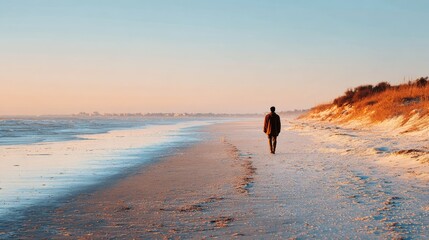 Man, couple, and people walking or running on the beach at sunset, forming silhouettes against the ocean sky and sun over the water, a summer nature travel landscape on the coast