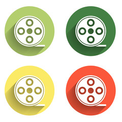Set Film reel icon isolated with long shadow background. Color circle button. Vector
