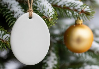Blank white oval christmas ornament on snowy fir tree branch golden ball