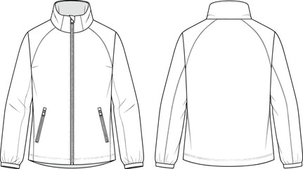 Technical Fashion Flat Sketch Blue Line Vector Template Full Zip Raglan Sleeve Windbreaker Jacket CAD Drawing with Stand Collar and Elastic Hem for Apparel Design Presentation, Front and Back View. © Shammi's World