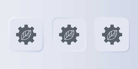 Grey Leaf plant ecology in gear machine icon isolated on grey background. Eco friendly technology. World Environment day label. Set icons in square buttons. Vector