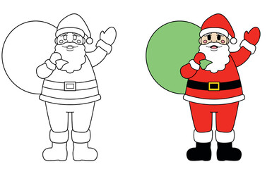 Coloring page outline and finished illustration of santa claus waving with a large gift bag isolated on white background