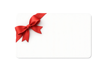 White gift card mockup with red satin ribbon bow on transparent background. png