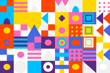 Vibrant geometric pattern with abstract shapes and bright color blocks. (70 characters)