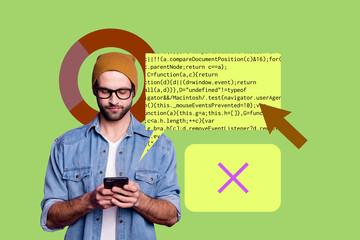 Collage of business man woman in front of abstract charts programming code symbolizing creative digital professions