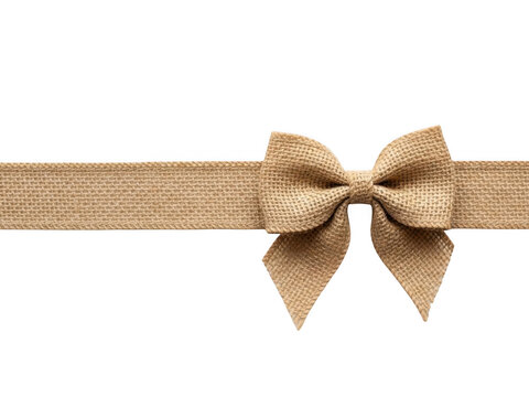 Simple burlap ribbon bow with long tails isolated on transparent background for gift wrapping or rustic decoration element