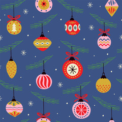 Seamless Pattern of Christmas Ornaments on Blue Background