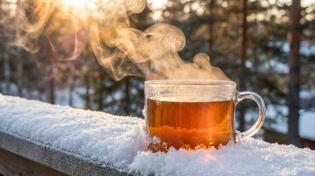 Mug of steaming hot tea outdoors in winter