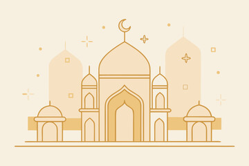 Gold Outline Mosque Illustration with Minarets and Domes, Islamic Architecture Vector Banner for Ramadan Kareem and Eid Mubarak