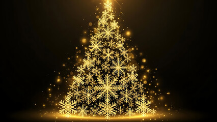 Golden Glowing Christmas Tree Made of Sparkling Snowflakes on Black
