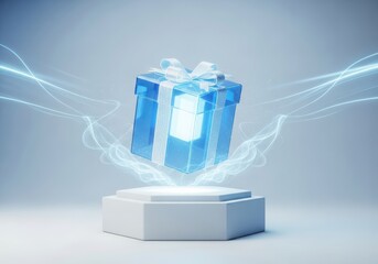 Glowing blue digital gift box on pedestal electric energy lines
