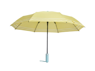 Isolated umbrella against the elements yellow with white stripes to stay dry during a rain shower