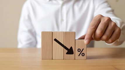 Interest rate decline concept with wooden blocks showing downward arrow and percentage symbol representing financial loss and economic slowdown risk