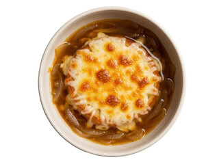 Isolated French onion soup with melted cheese on bread served in a soup bowl, delicious dinner