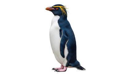 Isolated rockhopper penguin standing tall in close-up profile against neutral setting