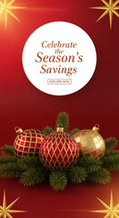 Festive image with ornament and sprig on red, displaying season's savings. Decorative stars, Christmas tree branches, celebration, promotion concept