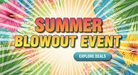 Tropical foliage background with summer sale text. Pink and yellow hibiscus. Representing vacation, warmth, and special promotion event