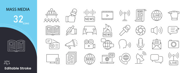 Mass Media icons set. Includes icons for news, broadcasting, journalism, television, radio, newspaper, communication, press, digital media, and information distribution. Editable stroke.