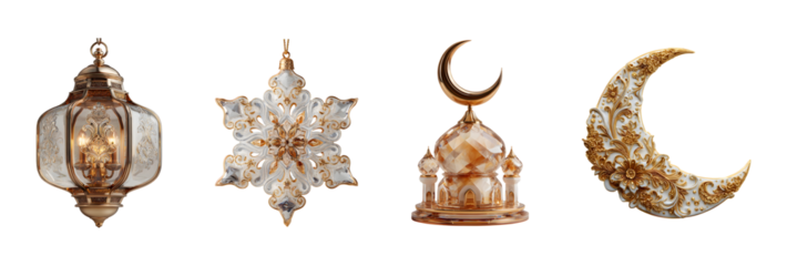 Exquisite ramadan kareem and eid al-adha islamic decoration set with elegant lantern ornate snowflake mosque and moon symbol