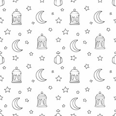 Fototapeta premium Ramadan Kareem Seamless Pattern with Lanterns, Moons, Stars Doodle