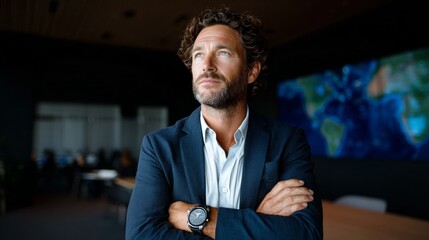 Man in office, standing, looking forward.