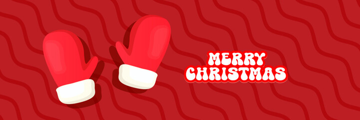 Fototapeta premium Merry Christmas horizontal banner and flyer vector design with cute kids warm red mittens on red abstract geometric background and greeting text. Vector merry Christmas cartoon banner with gloves