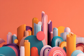Obraz premium Abstract 3D cityscape with pastel colored geometric shapes and ribbed structures
