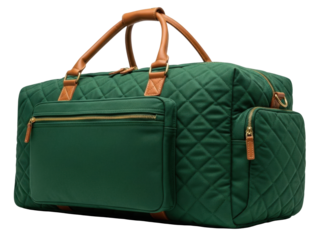 Isolated green quilted duffel bag with leather handles for travel or weekend getaway