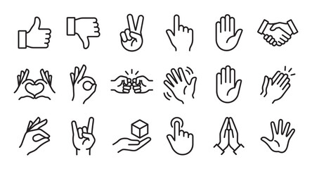 Fototapeta premium Set of hand gesture line icons showing various communication symbols like thumbs up, peace, heart, and handshake in a minimalist and clean pictogram collection