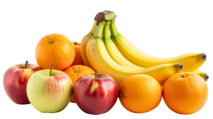 Fresh bananas, apples, and oranges isolated on transparent background, symbolizing healthy and tropical nutrition.