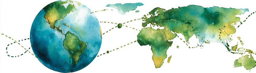 Fototapeta premium Abstract hand-drawn watercolor illustration of the Earth globe map with continents and oceans, representing global travel, nature, and environment concepts