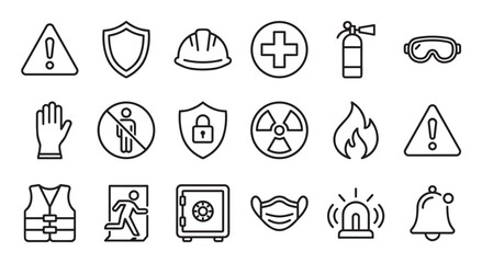 Collection of black line art safety icons representing various warnings, protection gear, and emergency procedures for workplace and public health awareness in a simple minimalist vector style