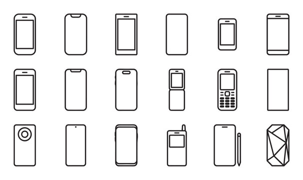 Collection of various mobile phone icons in a minimalist black line art style, showcasing the evolution of technology from old button and flip phones to modern smartphones