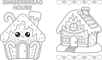Cute kawaii gingerbread house with candy canes and heart coloring sheet for preschoolers isolated on white background