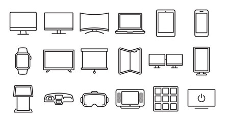 Black line art icons of various screens and digital devices including monitors, laptops, smartphones, tablets, and VR headsets in a clean, modern, minimalist vector style