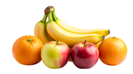 Fresh bananas, apples, and oranges isolated on transparent background, symbolizing healthy and tropical nutrition.