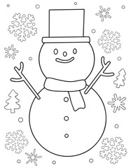 Cute kawaii snowman illustration for children s coloring pages simple outline design isolated on white background